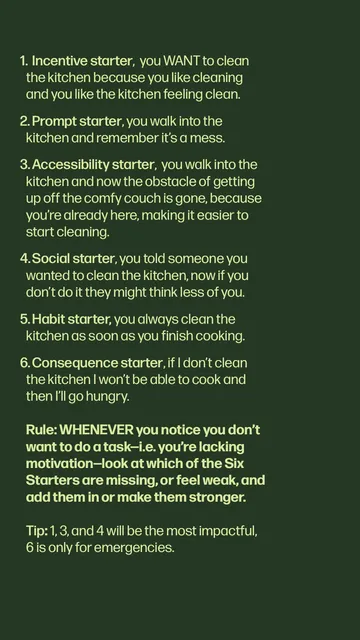 The lock screen with all Six Starters: Incentive, Prompt, Accessibility, Social, Habit and Consequence, the rule and the tip